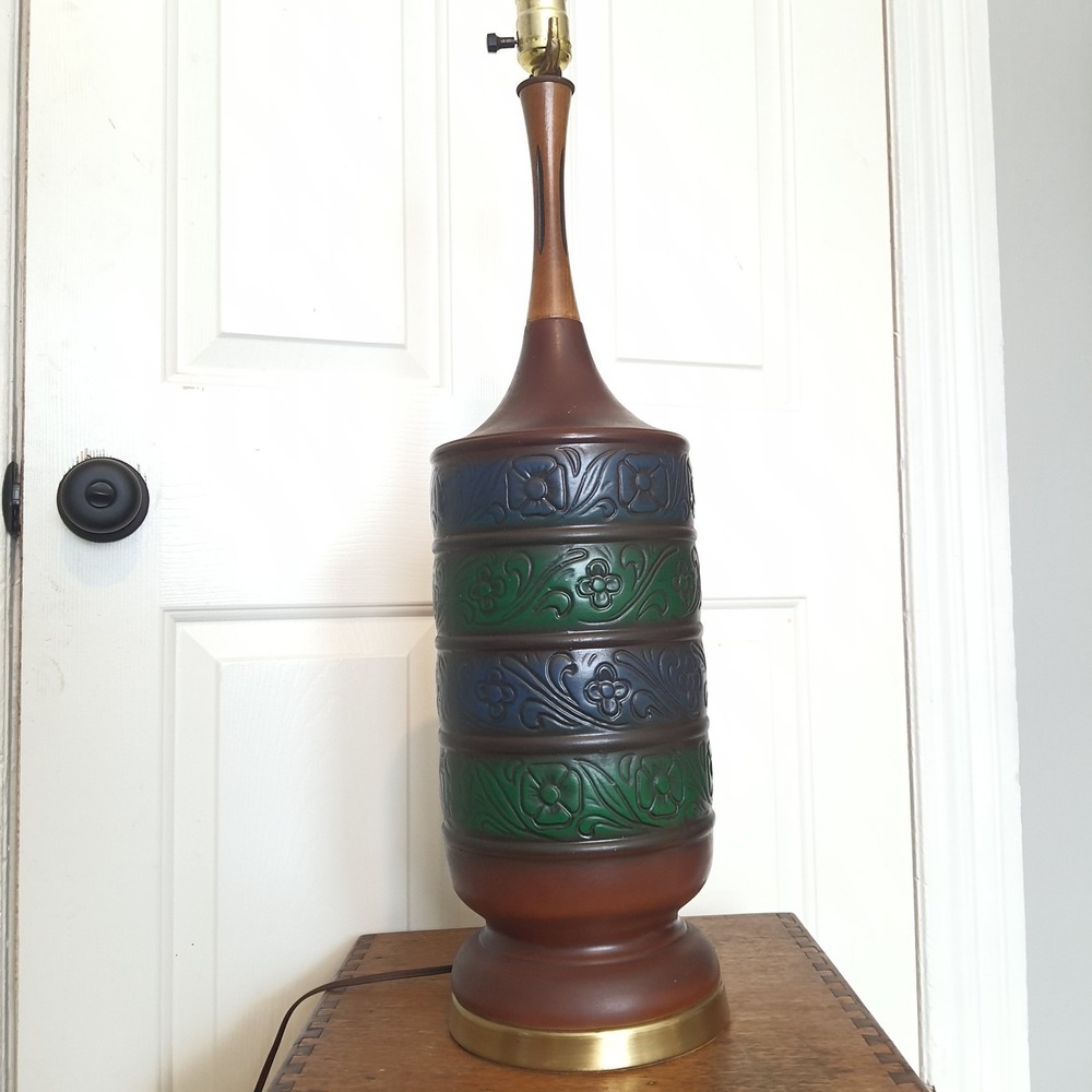 Vintage Embossed Ceramic Lamp Base – Blue & Green Floral Bands – Mid-Century